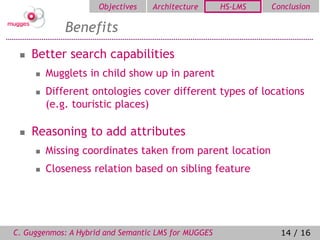 Objectives   Architecture       HS-LMS   Conclusion

             Benefits
    Better search capabilities
        Mugglets in child show up in parent
        Different ontologies cover different types of locations
         (e.g. touristic places)

    Reasoning to add attributes
        Missing coordinates taken from parent location
        Closeness relation based on sibling feature




C. Guggenmos: A Hybrid and Semantic LMS for MUGGES              14 / 16
 