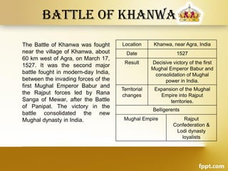 Battle of Khanwa
The Battle of Khanwa was fought
near the village of Khanwa, about
60 km west of Agra, on March 17,
1527. It was the second major
battle fought in modern-day India,
between the invading forces of the
first Mughal Emperor Babur and
the Rajput forces led by Rana
Sanga of Mewar, after the Battle
of Panipat. The victory in the
battle consolidated the new
Mughal dynasty in India.
Location Khanwa, near Agra, India
Date 1527
Result Decisive victory of the first
Mughal Emperor Babur and
consolidation of Mughal
power in India.
Territorial
changes
Expansion of the Mughal
Empire into Rajput
territories.
Belligerents
Mughal Empire Rajput
Confederation &
Lodi dynasty
loyalists
 
