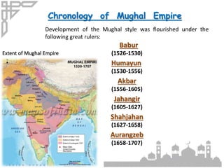 Chronology of Mughal Empire
Development of the Mughal style was flourished under the
following great rulers:
Babur
(1526-1530)
Humayun
(1530-1556)
Akbar
(1556-1605)
Jahangir
(1605-1627)
Shahjahan
(1627-1658)
Aurangzeb
(1658-1707)
Extent of Mughal Empire
 