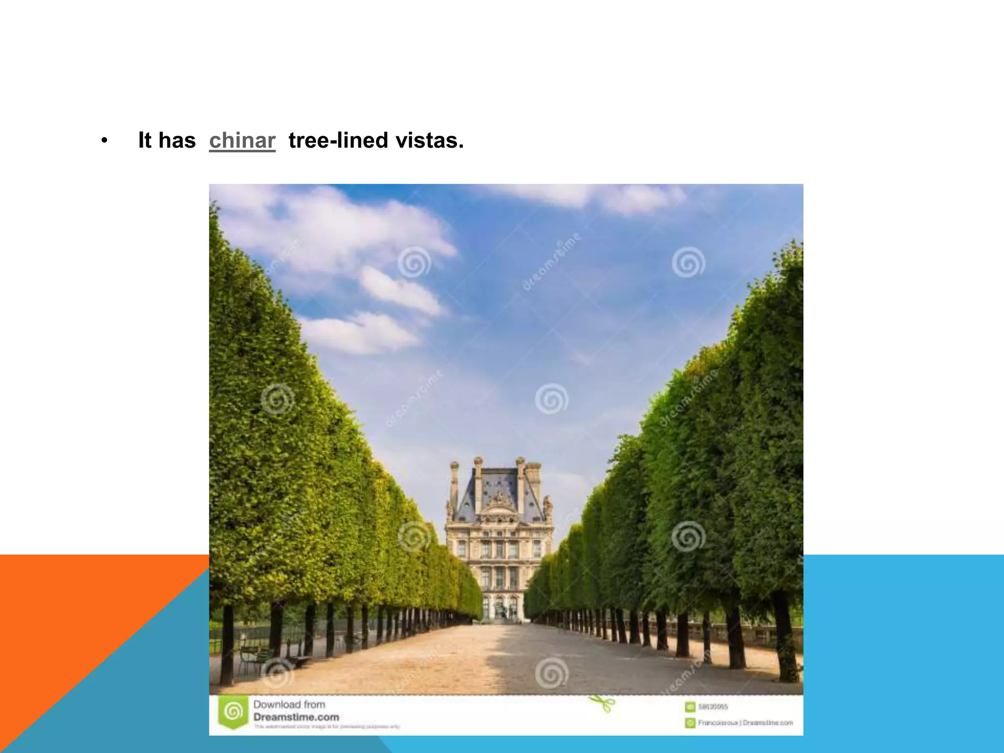 • It has chinar tree-lined vistas.
 