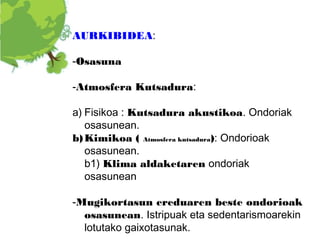 AURKIBIDEA:

-Osasuna

-Atmosfera Kutsadura:

a) Fisikoa : Kutsadura akustikoa. Ondoriak
   osasunean.
b) Kimikoa ( Atmosfera kutsadura): Ondorioak
   osasunean.
   b1) Klima aldaketaren ondoriak
   osasunean

-Mugikortasun ereduaren beste ondorioak
  osasunean. Istripuak eta sedentarismoarekin
  lotutako gaixotasunak.
 