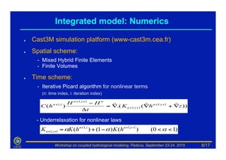 Workshop on coupled hydrological modeling, Padova, September 23-24, 2015LSCE
●  Cast3M simulation platform (www-cast3m.cea.fr)
●  Spatial scheme:
- Mixed Hybrid Finite Elements
- Finite Volumes
●  Time scheme:
- Iterative Picard algorithm for nonlinear terms
(n: time index, i: iteration index)
- Underrelaxation for nonlinear laws
))(.()( 1,1
1,1
1,1
,1
zhK
t
HH
hC in
in
nin
in
∇+∇∇=
Δ
− ++
++
++
+
!!!
)10()()1()( 1,1,1
1,1 <<−+= −++
++ ααα inin
in hKhKK
Integrated model: Numerics
8/17
 
