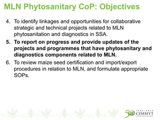 4. To identify linkages and opportunities for collaborative
strategic and technical projects related to MLN
phytosanitation and diagnostics in SSA.
5. To report on progress and provide updates of the
projects and programmes that have phytosanitary and
diagnostics components related to MLN.
6. To review maize seed certification and import/export
procedures in relation to MLN, and formulate appropriate
SOPs.
MLN Phytosanitary CoP: Objectives
 