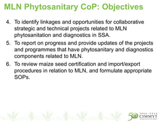 4. To identify linkages and opportunities for collaborative
strategic and technical projects related to MLN
phytosanitation and diagnostics in SSA.
5. To report on progress and provide updates of the projects
and programmes that have phytosanitary and diagnostics
components related to MLN.
6. To review maize seed certification and import/export
procedures in relation to MLN, and formulate appropriate
SOPs.
MLN Phytosanitary CoP: Objectives
 