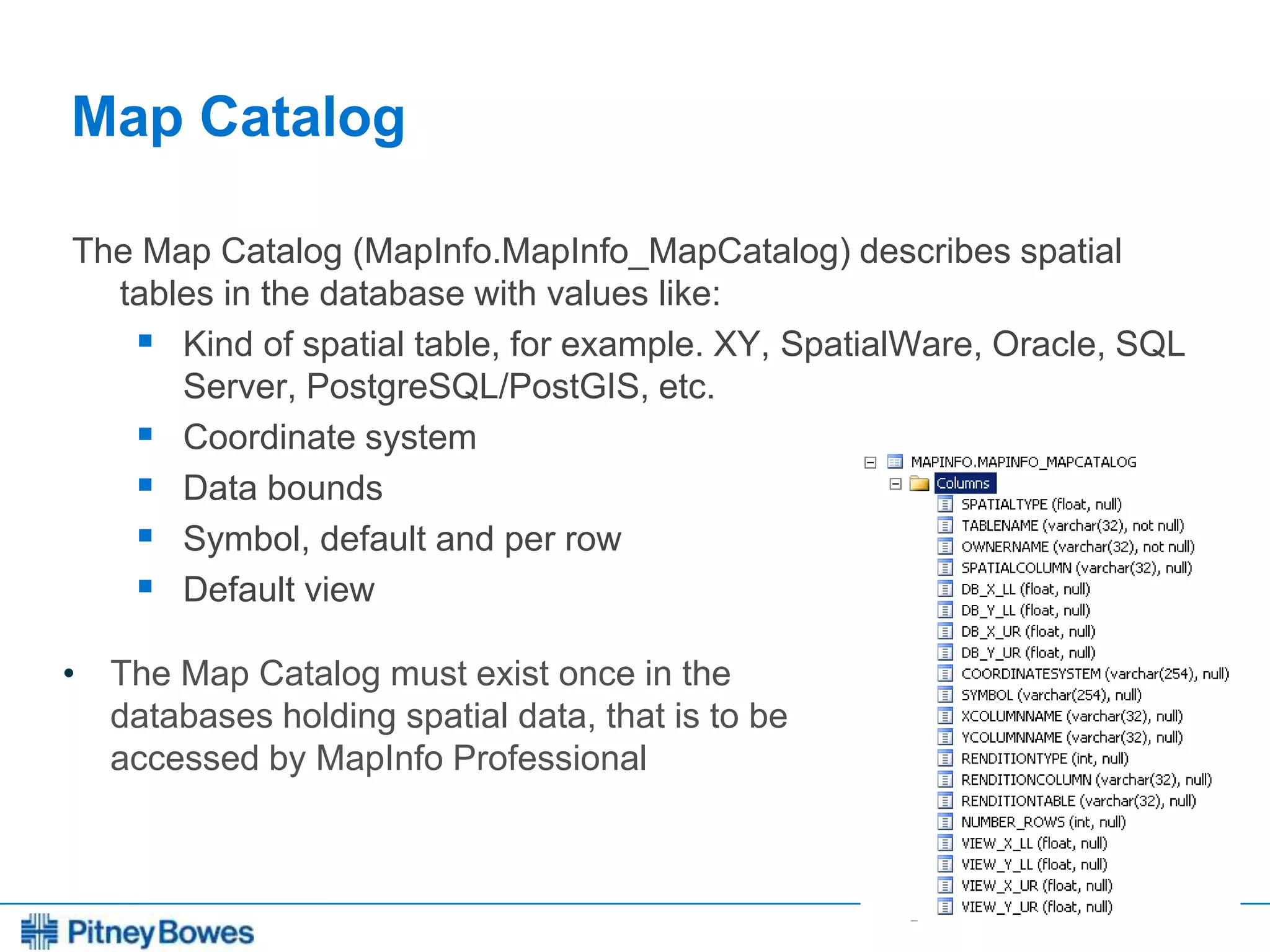 Every connection is a new opportunity™
Map Catalog
The Map Catalog (MapInfo.MapInfo_MapCatalog) describes spatial
tables in the database with values like:
 Kind of spatial table, for example. XY, SpatialWare, Oracle, SQL
Server, PostgreSQL/PostGIS, etc.
 Coordinate system
 Data bounds
 Symbol, default and per row
 Default view
• The Map Catalog must exist once in the
databases holding spatial data, that is to be
accessed by MapInfo Professional
 