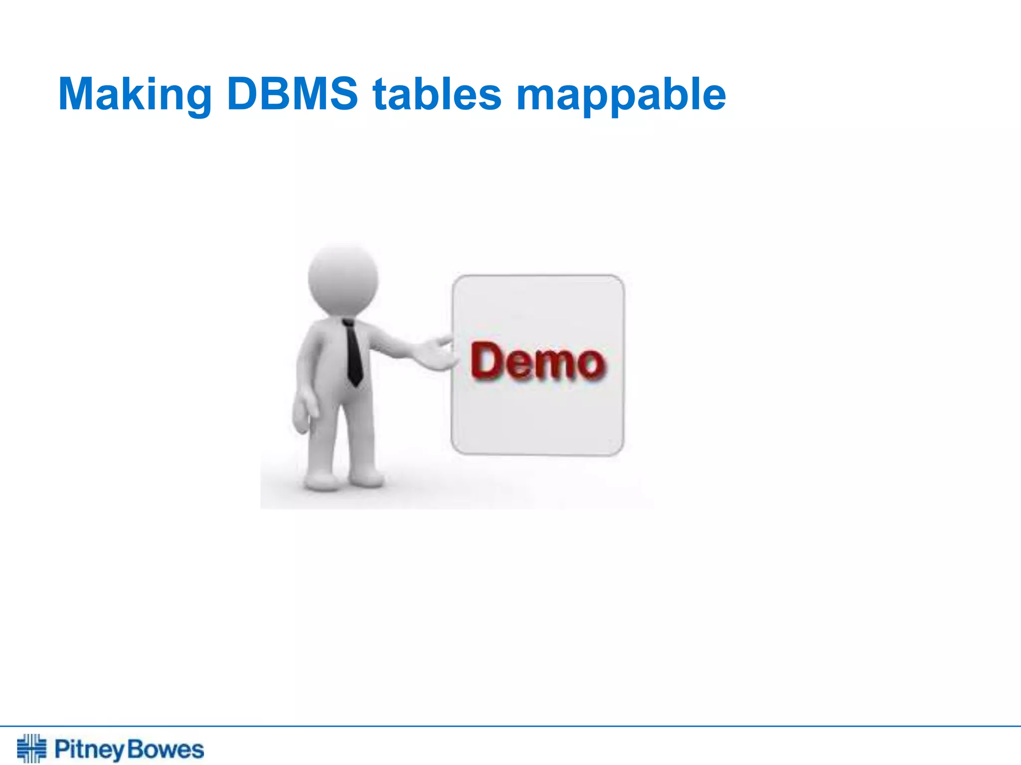 Every connection is a new opportunity™
Making DBMS tables mappable
 