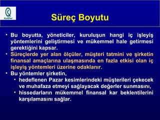 Süreç Boyutu Bu boyutta, yöneticiler, kuruluşun hangi iç işleyiş yöntemlerini geliştirmesi ve mükemmel hale getirmesi gerektiğini kapsar. Süreçlerde yer alan ölçüler, müşteri tatmini ve şirketin finansal amaçlarına ulaşmasında en fazla etkisi olan iç işleyiş yöntemleri üzerine odaklanır. Bu yöntemler şirketin, hedeflenen Pazar kesimlerindeki müşterileri çekecek ve muhafaza etmeyi sağlayacak değerler sunmasını, hissedarların mükemmel finansal kar beklentilerini karşılamasını sağlar. 