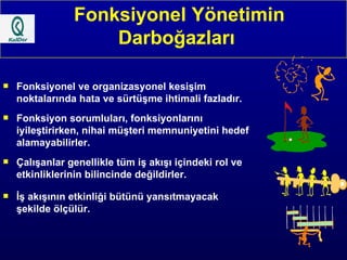 Fonksiyonel Yönetimin Darboğazları  Fonksiyonel ve organizasyonel kesişim noktalarında hata ve sürtüşme ihtimali fazladır. Fonksiyon sorumluları, fonksiyonlarını iyileştirirken, nihai müşteri memnuniyetini hedef alamayabilirler. Çalışanlar genellikle tüm iş akışı içindeki rol ve etkinliklerinin bilincinde değildirler. İş akışının etkinliği bütünü yansıtmayacak şekilde ölçülür. 
