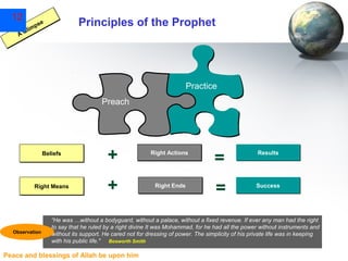 12

Principles of the Prophet

se
mp
li
AG

Practice
Preach

Beliefs

+

Right Actions

Right Means

+

Right Ends

Observation

=
=

Results

Success

“He was …without a bodyguard, without a palace, without a fixed revenue. If ever any man had the right
to say that he ruled by a right divine It was Mohammad, for he had all the power without instruments and
without its support. He cared not for dressing of power. The simplicity of his private life was in keeping
with his public life." Bosworth Smith

Peace and blessings of Allah be upon him

 