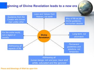7

Beginning of Divine Revelation leads to a new era

Guidance from the
Creator who knows
man unlike other

Laws and Values from
Heaven, not earth

For the entire world,
not a region or
country

Way of life as per
Divine guidance,
not human desires

Long term, not
short-term

Divine
Revelation

Permanent
guidelines and
solutions, not
temporary

Addressing all
aspects of life

Addressing all
human beings, rich and poor, black and

white, educated and the ignorant
Peace and blessings of Allah be upon him

 