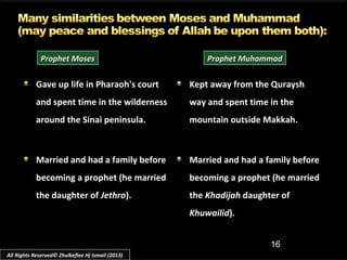 16
Gave up life in Pharaoh's courtGave up life in Pharaoh's court
and spent time in the wildernessand spent time in the wilderness
around the Sinai peninsula.around the Sinai peninsula.
Married and had a family beforeMarried and had a family before
becoming a prophet (he marriedbecoming a prophet (he married
the daughter ofthe daughter of JethroJethro).).
Kept away from the QurayshKept away from the Quraysh
way and spent time in theway and spent time in the
mountain outside Makkah.mountain outside Makkah.
Married and had a family beforeMarried and had a family before
becoming a prophet (he marriedbecoming a prophet (he married
thethe KhadijahKhadijah daughter ofdaughter of
KhuwailidKhuwailid).).
Prophet MosesProphet Moses Prophet MuhammadProphet Muhammad
All Rights Reserved© Zhulkeflee Hj Ismail (2013)
 
