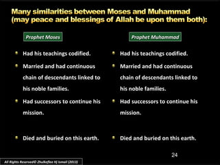 24
Had his teachings codified.
Married and had continuous
chain of descendants linked to
his noble families.
Had successors to continue his
mission.
Died and buried on this earth.
Had his teachings codified.Had his teachings codified.
Married andMarried and had continuous
chain of descendants linked to
his noble families.
Had successors to continue hisHad successors to continue his
mission.mission.
Died and buried on this earth.Died and buried on this earth.
Prophet MosesProphet Moses Prophet MuhammadProphet Muhammad
All Rights Reserved© Zhulkeflee Hj Ismail (2013)
 