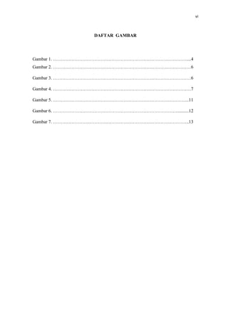 vi
DAFTAR GAMBAR
Gambar 1. ……………………………………………………………………………....4
Gambar 2. ………………………………………………………………………………6
Gambar 3. ………………………………………………………………………………6
Gambar 4. ………………………………………………………………………………7
Gambar 5. ……………………………………………………………………………..11
Gambar 6. ………………………………………………………………………..........12
Gambar 7. ……………………………………………………………………………..13
 