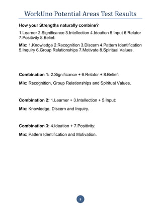 WorkUno Potential Areas Test Results
9
How your Strengths naturally combine?
1.Learner 2.Significance 3.Intellection 4.Ideation 5.Input 6.Relator
7.Positivity 8.Belief:
Mix: 1.Knowledge 2.Recognition 3.Discern 4.Pattern Identification
5.Inquiry 6.Group Relationships 7.Motivate 8.Spiritual Values.
Combination 1: 2.Significance + 6.Relator + 8.Belief:
Mix: Recognition, Group Relationships and Spiritual Values.
Combination 2: 1.Learner + 3.Intellection + 5.Input:
Mix: Knowledge, Discern and Inquiry.
Combination 3: 4.Ideation + 7.Positivity:
Mix: Pattern Identification and Motivation.
 