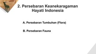 2. Persebaran Keanekaragaman
Hayati Indonesia
A. Persebaran Tumbuhan (Flora)
B. Persebaran Fauna
 