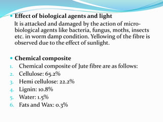  Effect of biological agents and light
It is attacked and damaged by the action of micro-
biological agents like bacteria, fungus, moths, insects
etc. in worm damp condition. Yellowing of the fibre is
observed due to the effect of sunlight.
 Chemical composite
1. Chemical composite of Jute fibre are as follows:
2. Cellulose: 65.2%
3. Hemi cellulose: 22.2%
4. Lignin: 10.8%
5. Water: 1.5%
6. Fats and Wax: 0.3%
 