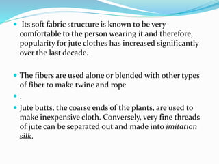  Its soft fabric structure is known to be very
comfortable to the person wearing it and therefore,
popularity for jute clothes has increased significantly
over the last decade.
 The fibers are used alone or blended with other types
of fiber to make twine and rope
 .
 Jute butts, the coarse ends of the plants, are used to
make inexpensive cloth. Conversely, very fine threads
of jute can be separated out and made into imitation
silk.
 