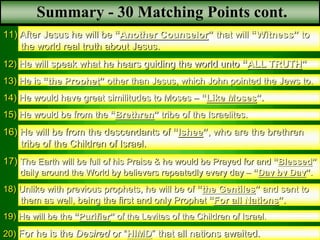 Summary - 30 Matching Points cont.
11) After Jesus he will be “Another Counselor” that will “Witness” to
the world real truth about Jesus.
12) He will speak what he hears guiding the world unto “ALL TRUTH”
13) He is “the Prophet” other than Jesus, which John pointed the Jews to.
14) He would have great similitudes to Moses – “Like Moses”.
15) He would be from the “Brethren” tribe of the Israelites.
16) He will be from the descendants of “Ishee”, who are the brethren
tribe of the Children of Israel.
17) The Earth will be full of his Praise & he would be Prayed for and “Blessed”
daily around the World by believers repeatedly every day – “Day by Day”.
18) Unlike with previous prophets, he will be of “the Gentiles” and sent to
them as well, being the first and only Prophet “For all Nations”.
19) He will be the “Purifier” of the Levites of the Children of Israel.
20) For he is the Desired or “HIMD” that all nations awaited.
 