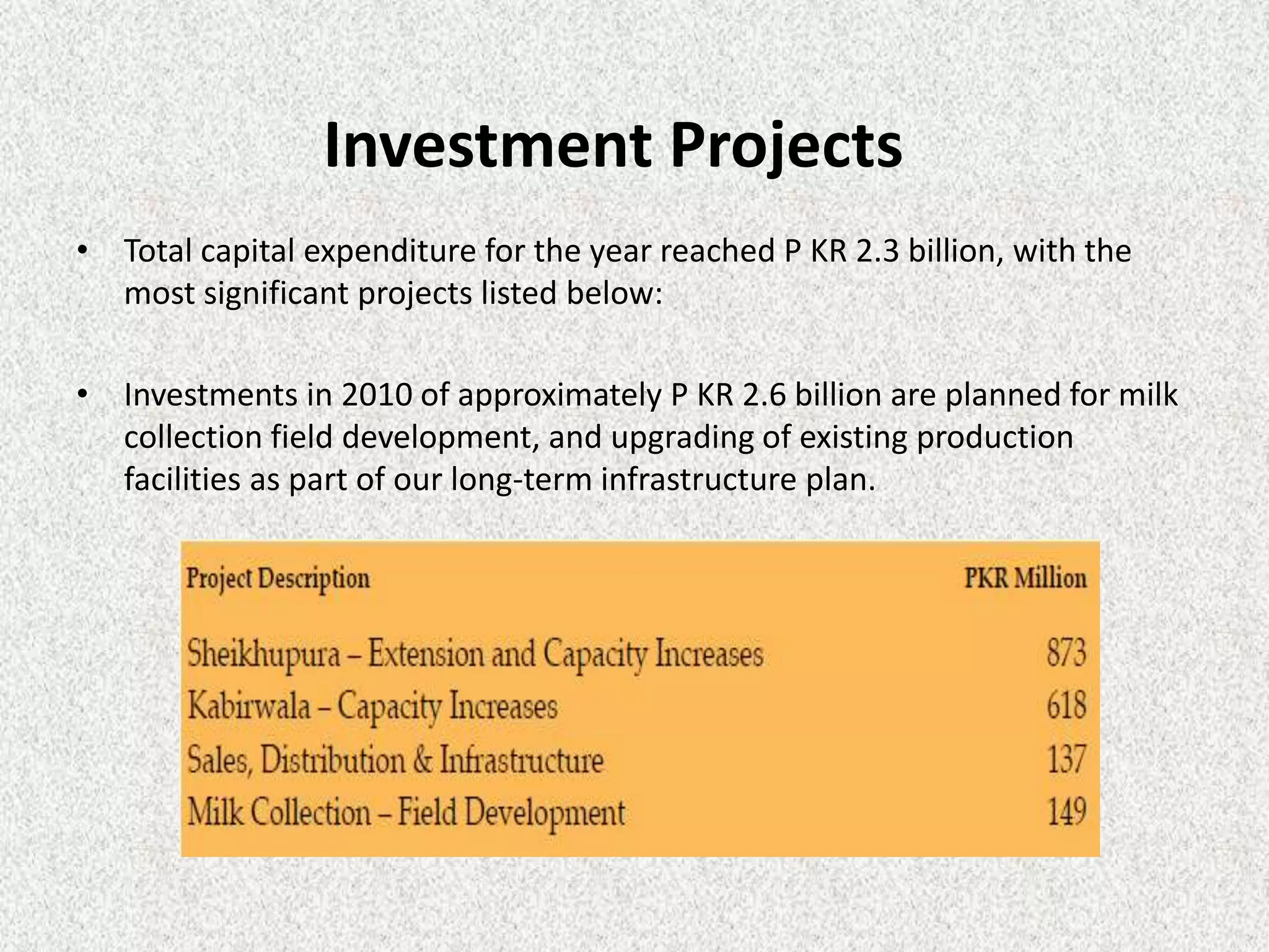 Investment Projects
• Total capital expenditure for the year reached P KR 2.3 billion, with the
  most significant projects listed below:

• Investments in 2010 of approximately P KR 2.6 billion are planned for milk
  collection field development, and upgrading of existing production
  facilities as part of our long-term infrastructure plan.
 