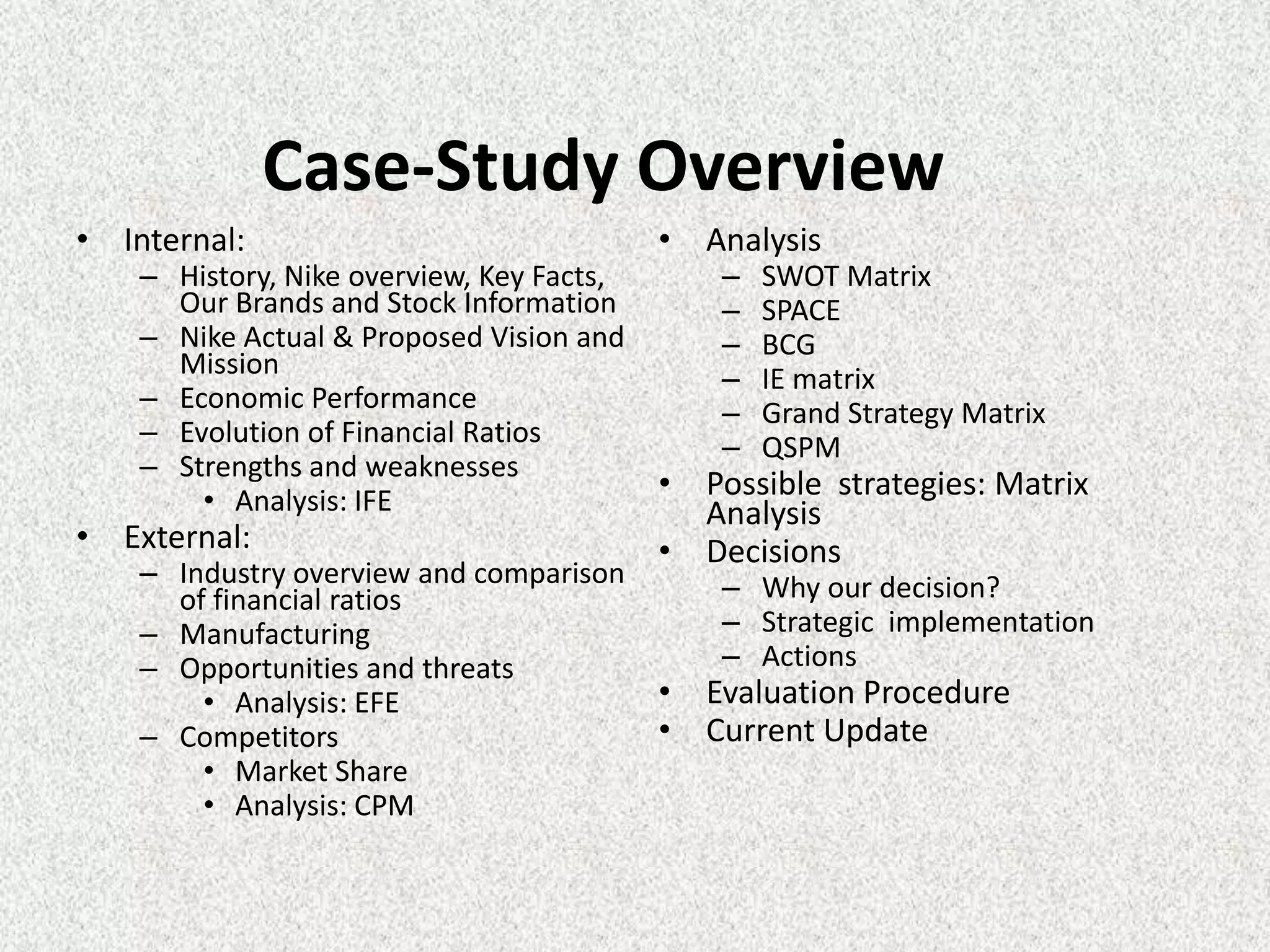 Case-Study Overview
• Internal:                                • Analysis
    – History, Nike overview, Key Facts,       –   SWOT Matrix
      Our Brands and Stock Information         –   SPACE
    – Nike Actual & Proposed Vision and        –   BCG
      Mission                                  –   IE matrix
    – Economic Performance                     –   Grand Strategy Matrix
    – Evolution of Financial Ratios            –   QSPM
    – Strengths and weaknesses
        • Analysis: IFE
                                           • Possible strategies: Matrix
                                             Analysis
• External:                                • Decisions
    – Industry overview and comparison         – Why our decision?
      of financial ratios
    – Manufacturing                            – Strategic implementation
    – Opportunities and threats                – Actions
        • Analysis: EFE                    • Evaluation Procedure
    – Competitors                          • Current Update
        • Market Share
        • Analysis: CPM
 