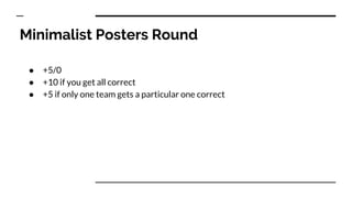 Minimalist Posters Round
● +5/0
● +10 if you get all correct
● +5 if only one team gets a particular one correct
 