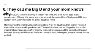 5. They call me Big D and your mom knows
whyBoyhood (2014) captures a family in chaotic real time, and as its actors aged over a
decade-plus of filming, the movie absorbed some of their actual lives. X originated IRL, as a
real gift from Ethan Hawke to his oldest daughter Maya.
Hawke wrote the original version of notes about X for his daughter, then slightly retooled
them while he was working on Boyhood. The result is a heart-wrenching reflection on the
magic that can happen even after a family-type unit breaks up, and the special bond forged
between parents and kids when the latter come to know, and respect, that the former are not
perfect.
 