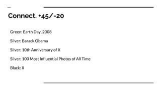 Connect. +45/-20
Green: Earth Day, 2008
Silver: Barack Obama
Silver: 10th Anniversary of X
Silver: 100 Most Influential Photos of All Time
Black: X
 