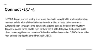 Connect +15/-5
In 2003, Japan started seeing a series of deaths in inexplicable and questionable
manner. While a lot of the victims suffered cardiac arrests, other connects
suffered death through some downright bizarre causes. To solve the mystery,
Japanese police force had to turn to their most able detective X. X comes quite
close to solving the case, however X dies himself on November 5 2004 before the
man behind the deaths could be caught. ID X.
 