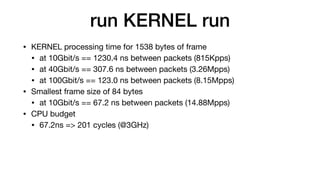 run KERNEL run
• KERNEL processing time for 1538 bytes of frame

• at 10Gbit/s == 1230.4 ns between packets (815Kpps)

• at 40Gbit/s == 307.6 ns between packets (3.26Mpps)

• at 100Gbit/s == 123.0 ns between packets (8.15Mpps)

• Smallest frame size of 84 bytes 

• at 10Gbit/s == 67.2 ns between packets (14.88Mpps)

• CPU budget

• 67.2ns => 201 cycles (@3GHz)
 