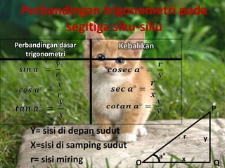 Perbandingan trigonometri pada
        segitiga siku-siku
Perbandingan dasar
   trigonometri




                                             P

    Y= sisi di depan sudut
                                     r   y
    X=sisi di samping sudut
                                a°
    r= sisi miring          O        x
                                             Q
 