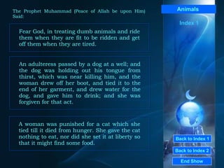 Back to Index 1 Back to Index 2 Animals  Fear God, in treating dumb animals and ride them when they are fit to be ridden and get off them when they are tired.  End Show  The Prophet Muhammad (Peace of Allah be upon Him) Said: An adulteress passed by a dog at a well; and the dog was holding out his tongue from thirst, which was near killing him, and the woman drew off her boot, and tied it to the end of her garment, and drew water for the dog, and gave him to drink; and she was forgiven for that act.  A woman was punished for a cat which she tied till it died from hunger. She gave the cat nothing to eat, nor did she set it at liberty so that it might find some food.  Index 1 