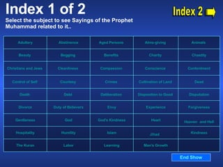 Index 1 of 2 Select the subject to see Sayings of the Prophet Muhammad related to it..  Index 2 End Show  Man's Growth Learning Labor The  Kuran Kindness Jihad   Islam Humility Hospitality Heaven   and Hell Heart God's Kindness God Gentleness Forgiveness Experience Envy Duty of Believers Divorce Disputation Disposition to Good   Deliberation   Debt   Death   Dead Cultivation of Land   Crimes   Courtesy  Control of Self   Contentment Conscience   Compassion   Cleanliness   Christians and Jews   Chastity Charity   Benefits   Begging   Beauty   Animals   Alms - giving  Aged Persons  Abstinence Adultery 