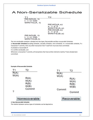 Database Systems Handbook
BY: MUHAMMAD SHARIF 163
The non-serializable schedule is divided into two types, Recoverable and Non-recoverable Schedules.
1. Recoverable Schedule(Cascading Schedule, cascades Schedule, strict Schedule). In a recoverable schedule, if a
transaction T commits, then any other transaction that T read from must also have committed.
A schedule is recoverable if:
It is conflict-serializable, and
Whenever a transaction T commits, all transactions that have written elements read by T have already been
committed.
Example of Recoverable Schedule
2. Non-Recoverable Schedule
The relation between various types of schedules can be depicted as:
 