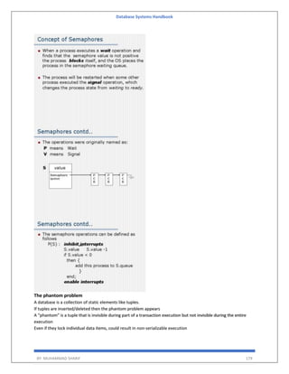 Database Systems Handbook
BY: MUHAMMAD SHARIF 179
The phantom problem
A database is a collection of static elements like tuples.
If tuples are inserted/deleted then the phantom problem appears
A “phantom” is a tuple that is invisible during part of a transaction execution but not invisible during the entire
execution
Even if they lock individual data items, could result in non-serializable execution
 