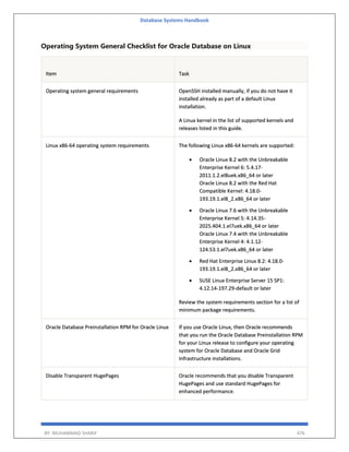 Database Systems Handbook
BY: MUHAMMAD SHARIF 476
Operating System General Checklist for Oracle Database on Linux
Item Task
Operating system general requirements OpenSSH installed manually, if you do not have it
installed already as part of a default Linux
installation.
A Linux kernel in the list of supported kernels and
releases listed in this guide.
Linux x86-64 operating system requirements The following Linux x86-64 kernels are supported:
 Oracle Linux 8.2 with the Unbreakable
Enterprise Kernel 6: 5.4.17-
2011.1.2.el8uek.x86_64 or later
Oracle Linux 8.2 with the Red Hat
Compatible Kernel: 4.18.0-
193.19.1.el8_2.x86_64 or later
 Oracle Linux 7.6 with the Unbreakable
Enterprise Kernel 5: 4.14.35-
2025.404.1.el7uek.x86_64 or later
Oracle Linux 7.4 with the Unbreakable
Enterprise Kernel 4: 4.1.12-
124.53.1.el7uek.x86_64 or later
 Red Hat Enterprise Linux 8.2: 4.18.0-
193.19.1.el8_2.x86_64 or later
 SUSE Linux Enterprise Server 15 SP1:
4.12.14-197.29-default or later
Review the system requirements section for a list of
minimum package requirements.
Oracle Database Preinstallation RPM for Oracle Linux If you use Oracle Linux, then Oracle recommends
that you run the Oracle Database Preinstallation RPM
for your Linux release to configure your operating
system for Oracle Database and Oracle Grid
Infrastructure installations.
Disable Transparent HugePages Oracle recommends that you disable Transparent
HugePages and use standard HugePages for
enhanced performance.
 