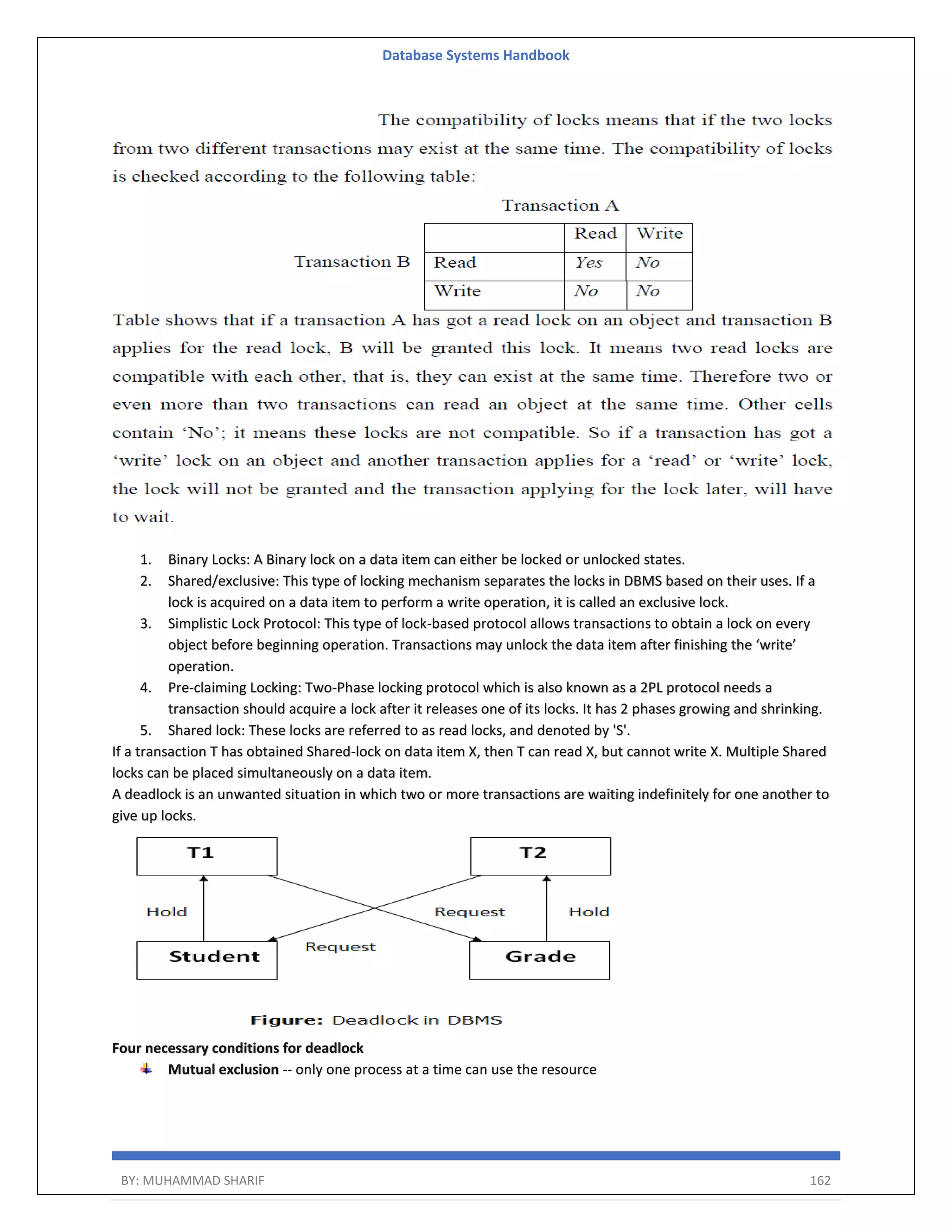 Database Systems Handbook BY: MUHAMMAD SHARIF 162 1. Binary Locks: A Binary lock on a data item can either be locked or unlocked states. 2. Shared/exclusive: This type of locking mechanism separates the locks in DBMS based on their uses. If a lock is acquired on a data item to perform a write operation, it is called an exclusive lock. 3. Simplistic Lock Protocol: This type of lock-based protocol allows transactions to obtain a lock on every object before beginning operation. Transactions may unlock the data item after finishing the ‘write’ operation. 4. Pre-claiming Locking: Two-Phase locking protocol which is also known as a 2PL protocol needs a transaction should acquire a lock after it releases one of its locks. It has 2 phases growing and shrinking. 5. Shared lock: These locks are referred to as read locks, and denoted by 'S'. If a transaction T has obtained Shared-lock on data item X, then T can read X, but cannot write X. Multiple Shared locks can be placed simultaneously on a data item. A deadlock is an unwanted situation in which two or more transactions are waiting indefinitely for one another to give up locks. Four necessary conditions for deadlock Mutual exclusion -- only one process at a time can use the resource 