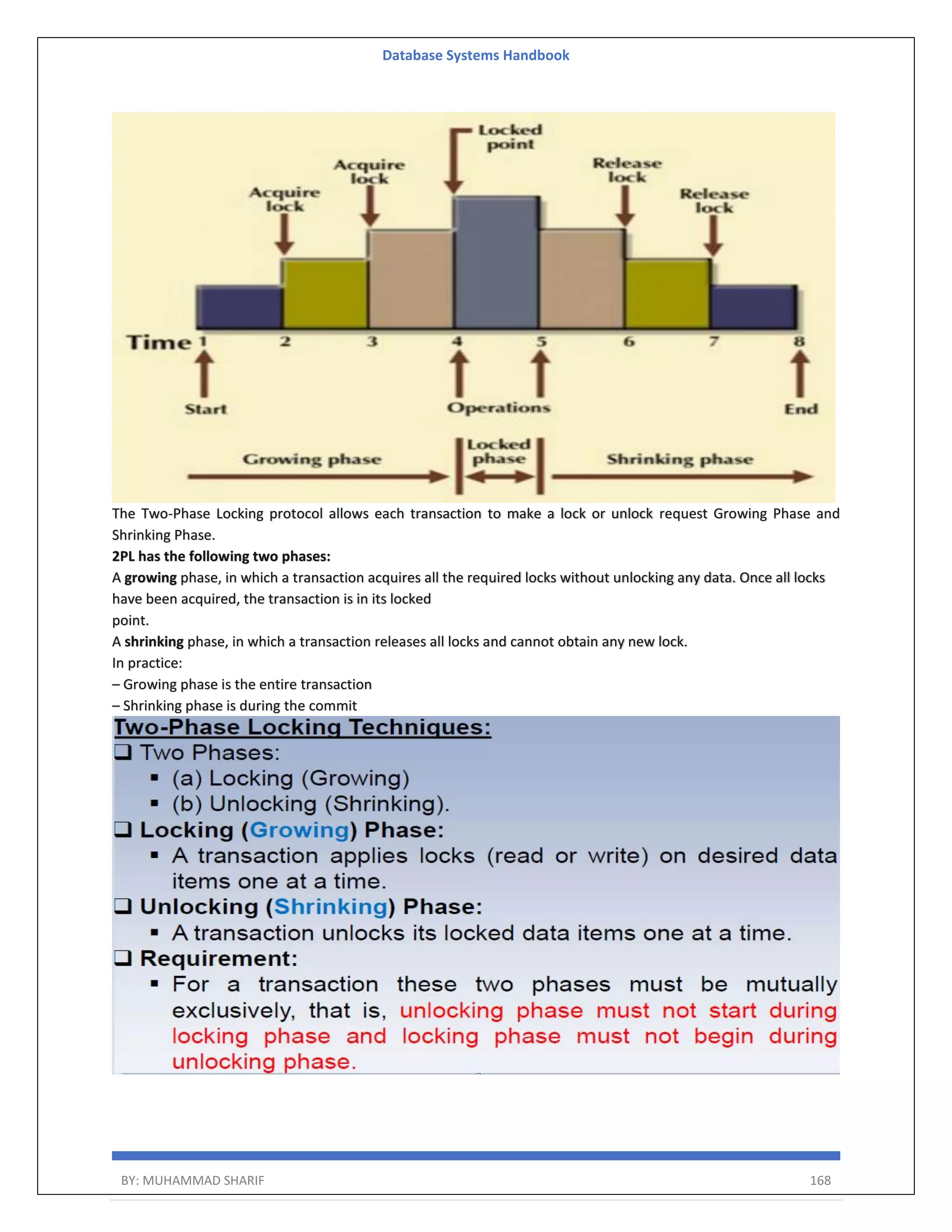 Database Systems Handbook BY: MUHAMMAD SHARIF 168 The Two-Phase Locking protocol allows each transaction to make a lock or unlock request Growing Phase and Shrinking Phase. 2PL has the following two phases: A growing phase, in which a transaction acquires all the required locks without unlocking any data. Once all locks have been acquired, the transaction is in its locked point. A shrinking phase, in which a transaction releases all locks and cannot obtain any new lock. In practice: – Growing phase is the entire transaction – Shrinking phase is during the commit 