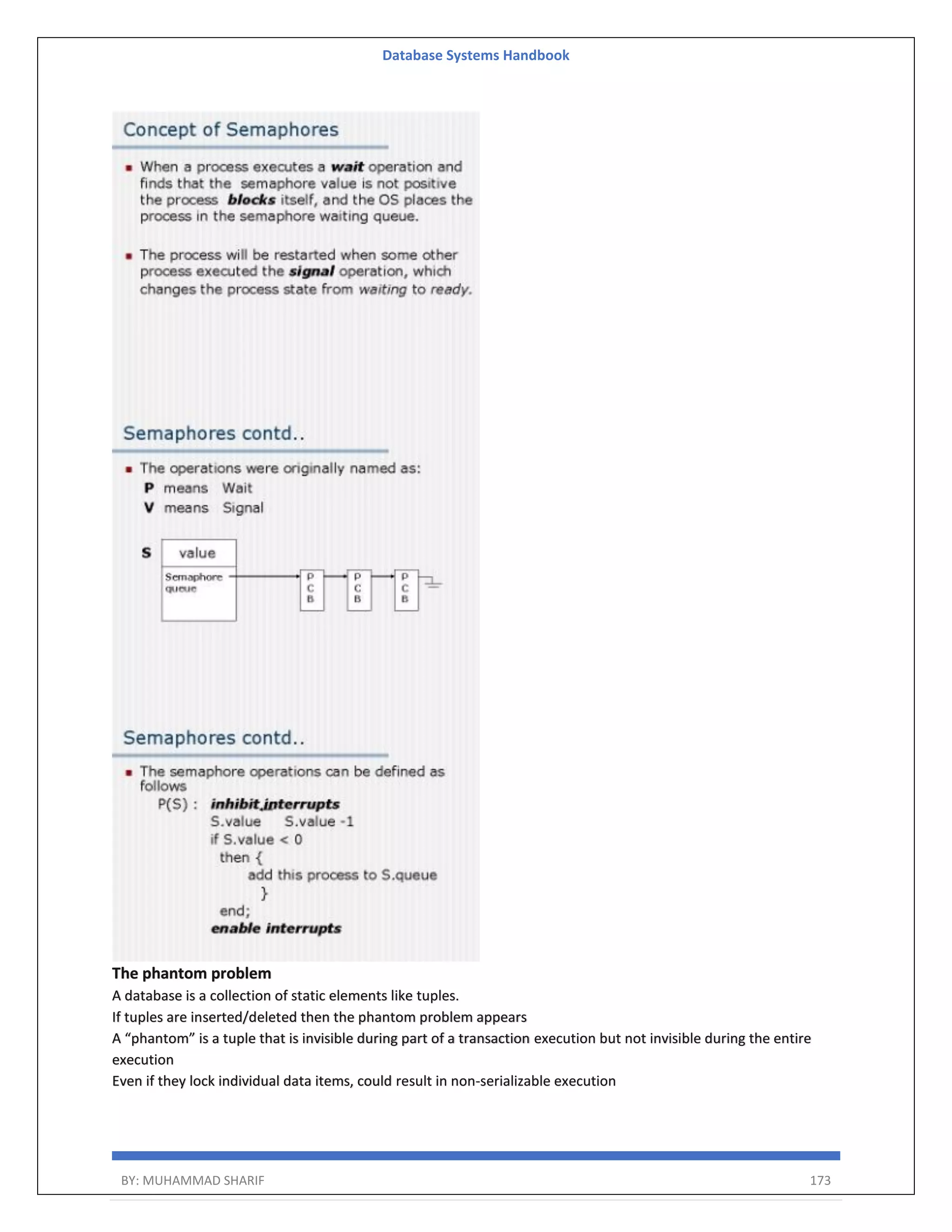 Database Systems Handbook BY: MUHAMMAD SHARIF 173 The phantom problem A database is a collection of static elements like tuples. If tuples are inserted/deleted then the phantom problem appears A “phantom” is a tuple that is invisible during part of a transaction execution but not invisible during the entire execution Even if they lock individual data items, could result in non-serializable execution 