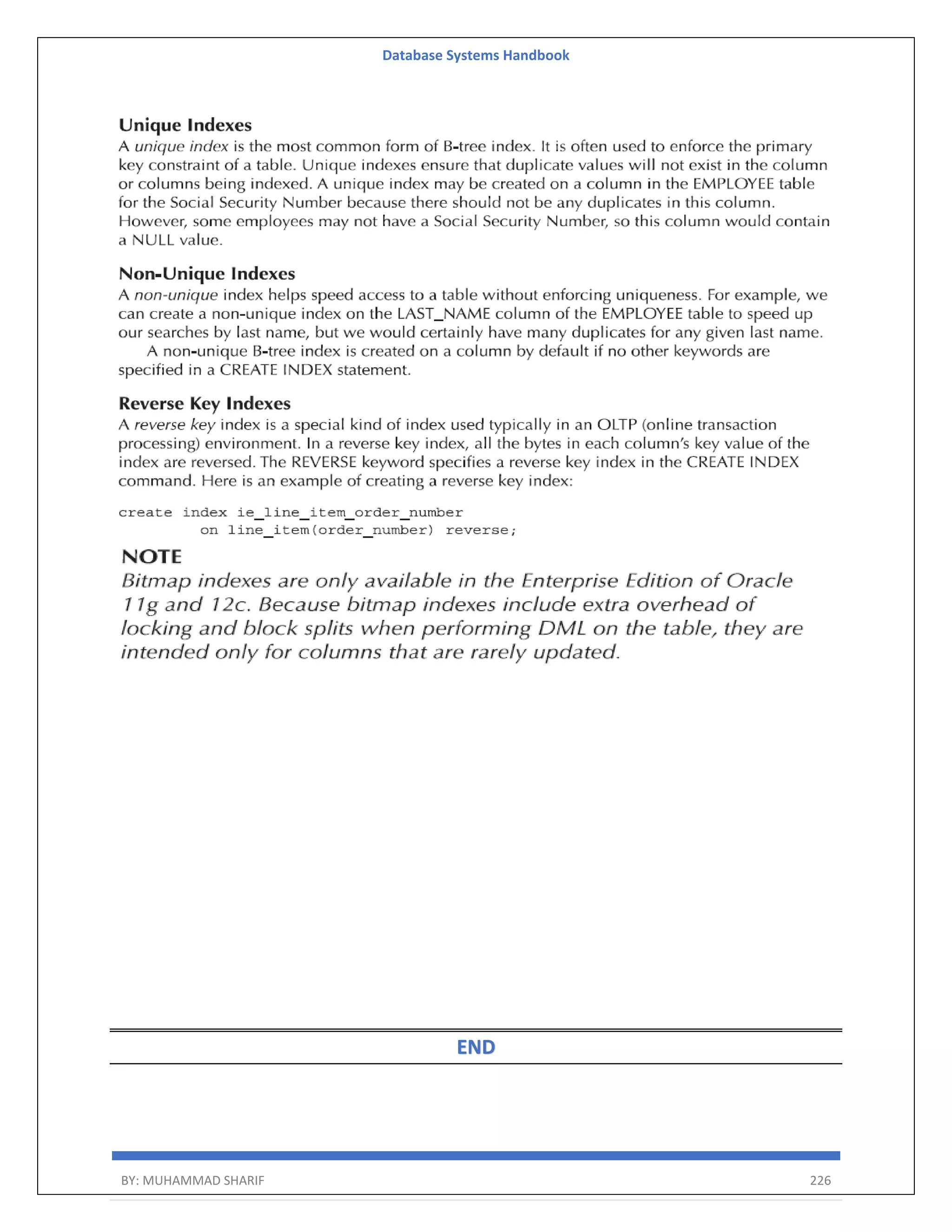 Database Systems Handbook BY: MUHAMMAD SHARIF 226 END 