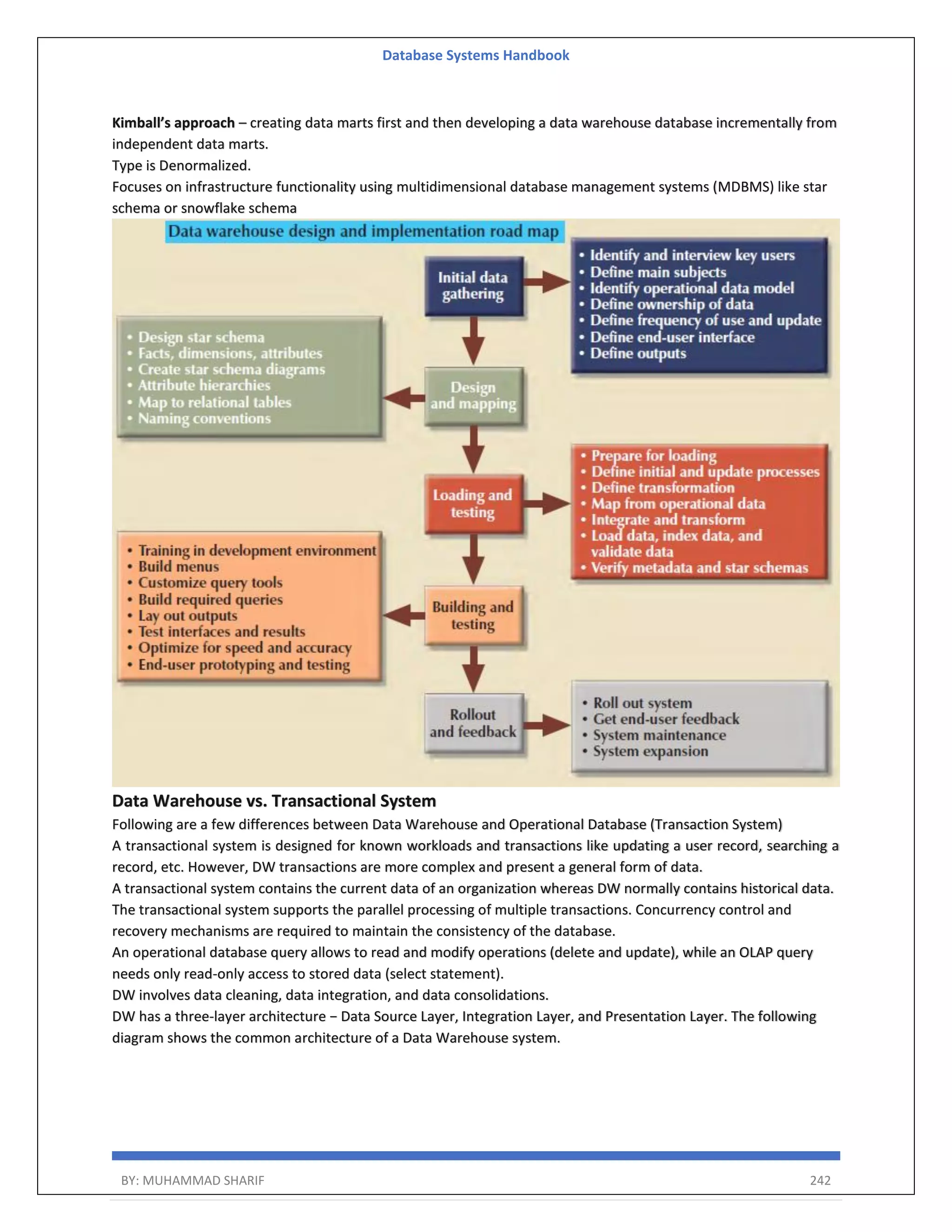 Database Systems Handbook BY: MUHAMMAD SHARIF 242 Kimball’s approach – creating data marts first and then developing a data warehouse database incrementally from independent data marts. Type is Denormalized. Focuses on infrastructure functionality using multidimensional database management systems (MDBMS) like star schema or snowflake schema Data Warehouse vs. Transactional System Following are a few differences between Data Warehouse and Operational Database (Transaction System) A transactional system is designed for known workloads and transactions like updating a user record, searching a record, etc. However, DW transactions are more complex and present a general form of data. A transactional system contains the current data of an organization whereas DW normally contains historical data. The transactional system supports the parallel processing of multiple transactions. Concurrency control and recovery mechanisms are required to maintain the consistency of the database. An operational database query allows to read and modify operations (delete and update), while an OLAP query needs only read-only access to stored data (select statement). DW involves data cleaning, data integration, and data consolidations. DW has a three-layer architecture − Data Source Layer, Integration Layer, and Presentation Layer. The following diagram shows the common architecture of a Data Warehouse system. 