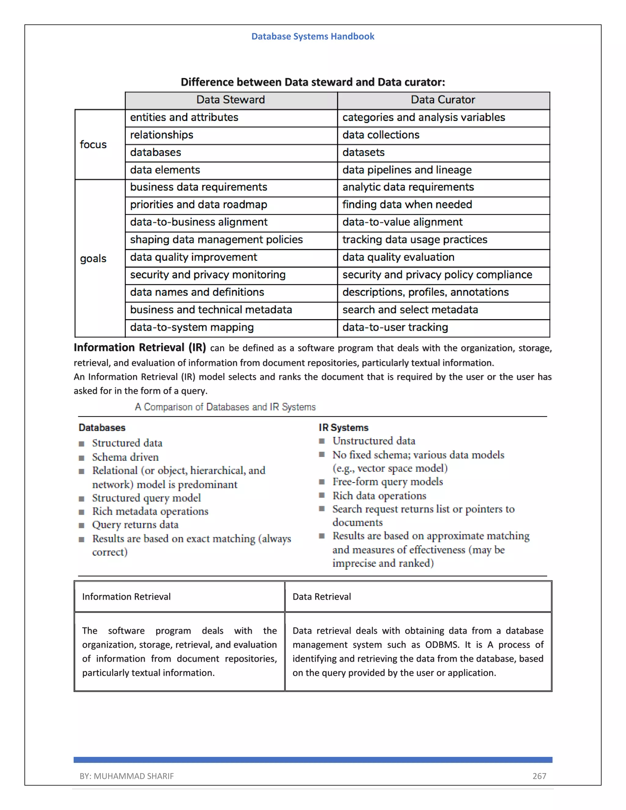 Database Systems Handbook BY: MUHAMMAD SHARIF 267 Difference between Data steward and Data curator: Information Retrieval (IR) can be defined as a software program that deals with the organization, storage, retrieval, and evaluation of information from document repositories, particularly textual information. An Information Retrieval (IR) model selects and ranks the document that is required by the user or the user has asked for in the form of a query. Information Retrieval Data Retrieval The software program deals with the organization, storage, retrieval, and evaluation of information from document repositories, particularly textual information. Data retrieval deals with obtaining data from a database management system such as ODBMS. It is A process of identifying and retrieving the data from the database, based on the query provided by the user or application. 