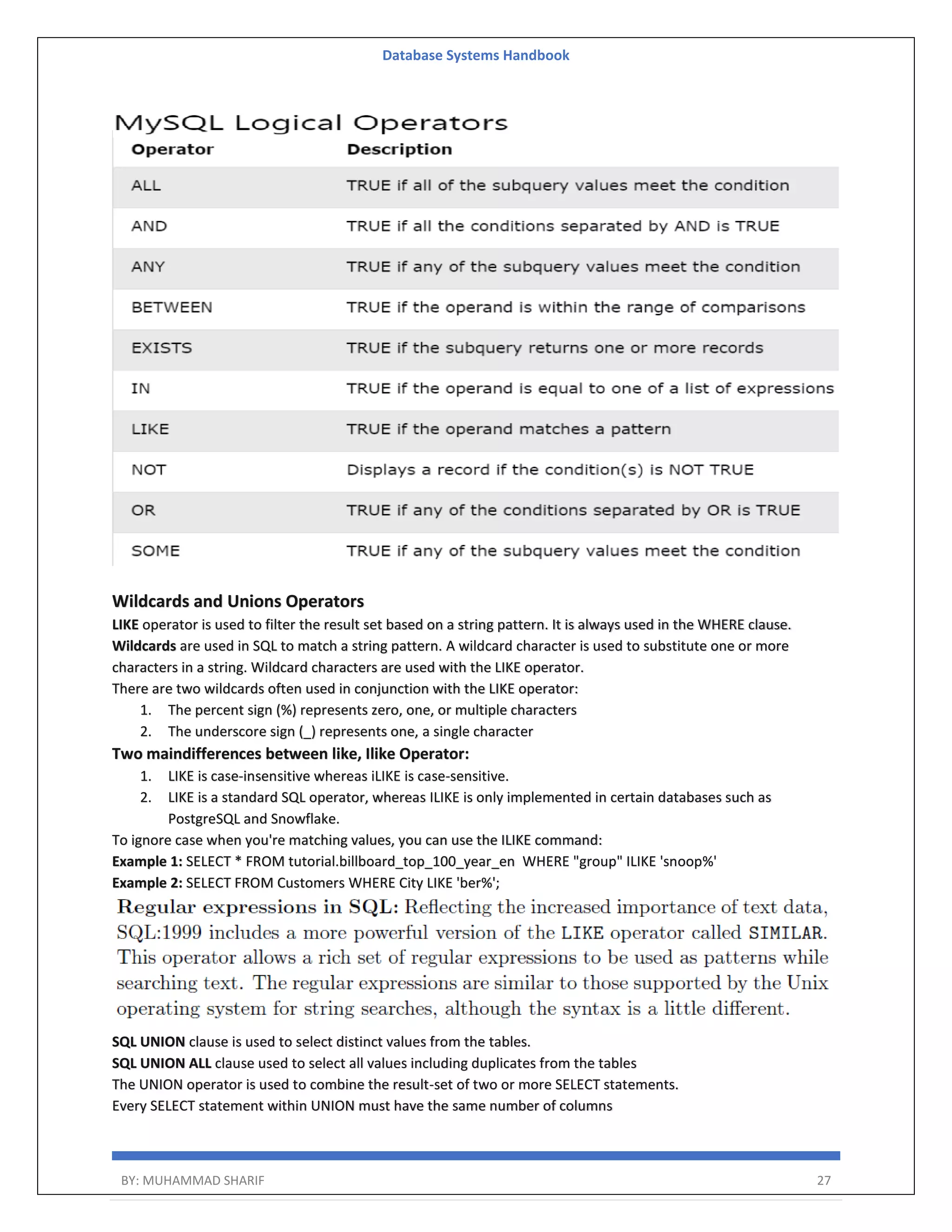 Database Systems Handbook BY: MUHAMMAD SHARIF 27 Wildcards and Unions Operators LIKE operator is used to filter the result set based on a string pattern. It is always used in the WHERE clause. Wildcards are used in SQL to match a string pattern. A wildcard character is used to substitute one or more characters in a string. Wildcard characters are used with the LIKE operator. There are two wildcards often used in conjunction with the LIKE operator: 1. The percent sign (%) represents zero, one, or multiple characters 2. The underscore sign (_) represents one, a single character Two maindifferences between like, Ilike Operator: 1. LIKE is case-insensitive whereas iLIKE is case-sensitive. 2. LIKE is a standard SQL operator, whereas ILIKE is only implemented in certain databases such as PostgreSQL and Snowflake. To ignore case when you're matching values, you can use the ILIKE command: Example 1: SELECT * FROM tutorial.billboard_top_100_year_en WHERE "group" ILIKE 'snoop%' Example 2: SELECT FROM Customers WHERE City LIKE 'ber%'; SQL UNION clause is used to select distinct values from the tables. SQL UNION ALL clause used to select all values including duplicates from the tables The UNION operator is used to combine the result-set of two or more SELECT statements. Every SELECT statement within UNION must have the same number of columns 