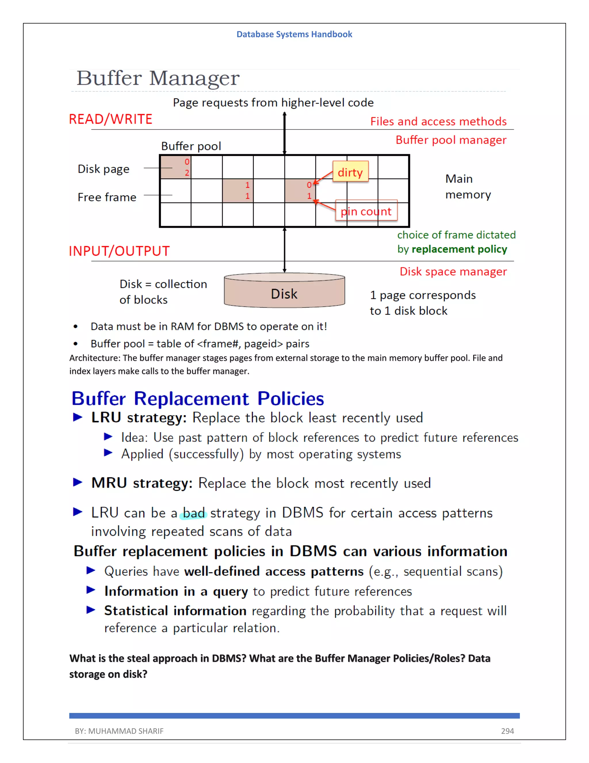 Database Systems Handbook BY: MUHAMMAD SHARIF 294 Architecture: The buffer manager stages pages from external storage to the main memory buffer pool. File and index layers make calls to the buffer manager. What is the steal approach in DBMS? What are the Buffer Manager Policies/Roles? Data storage on disk? 