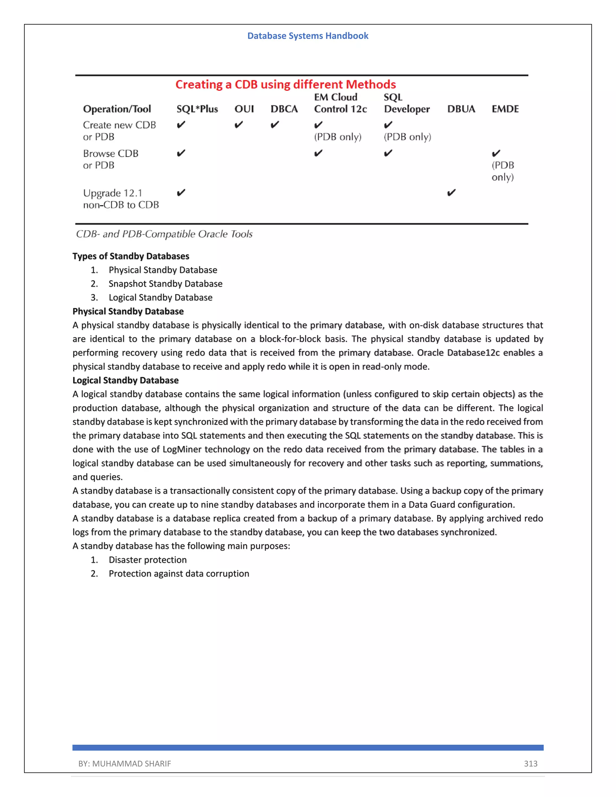 Database Systems Handbook BY: MUHAMMAD SHARIF 313 Types of Standby Databases 1. Physical Standby Database 2. Snapshot Standby Database 3. Logical Standby Database Physical Standby Database A physical standby database is physically identical to the primary database, with on-disk database structures that are identical to the primary database on a block-for-block basis. The physical standby database is updated by performing recovery using redo data that is received from the primary database. Oracle Database12c enables a physical standby database to receive and apply redo while it is open in read-only mode. Logical Standby Database A logical standby database contains the same logical information (unless configured to skip certain objects) as the production database, although the physical organization and structure of the data can be different. The logical standby database is kept synchronized with the primary database by transforming the data in the redo received from the primary database into SQL statements and then executing the SQL statements on the standby database. This is done with the use of LogMiner technology on the redo data received from the primary database. The tables in a logical standby database can be used simultaneously for recovery and other tasks such as reporting, summations, and queries. A standby database is a transactionally consistent copy of the primary database. Using a backup copy of the primary database, you can create up to nine standby databases and incorporate them in a Data Guard configuration. A standby database is a database replica created from a backup of a primary database. By applying archived redo logs from the primary database to the standby database, you can keep the two databases synchronized. A standby database has the following main purposes: 1. Disaster protection 2. Protection against data corruption 