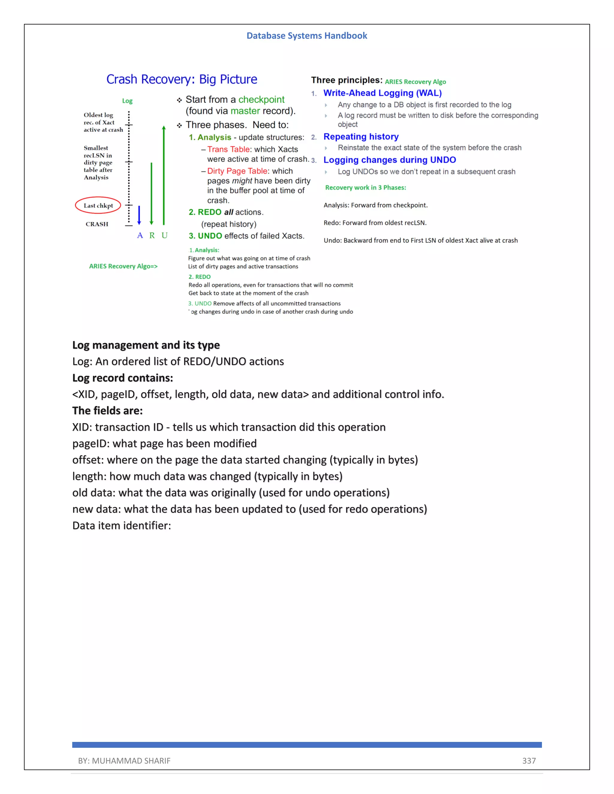 Database Systems Handbook BY: MUHAMMAD SHARIF 337 Log management and its type Log: An ordered list of REDO/UNDO actions Log record contains: <XID, pageID, offset, length, old data, new data> and additional control info. The fields are: XID: transaction ID - tells us which transaction did this operation pageID: what page has been modified offset: where on the page the data started changing (typically in bytes) length: how much data was changed (typically in bytes) old data: what the data was originally (used for undo operations) new data: what the data has been updated to (used for redo operations) Data item identifier: 