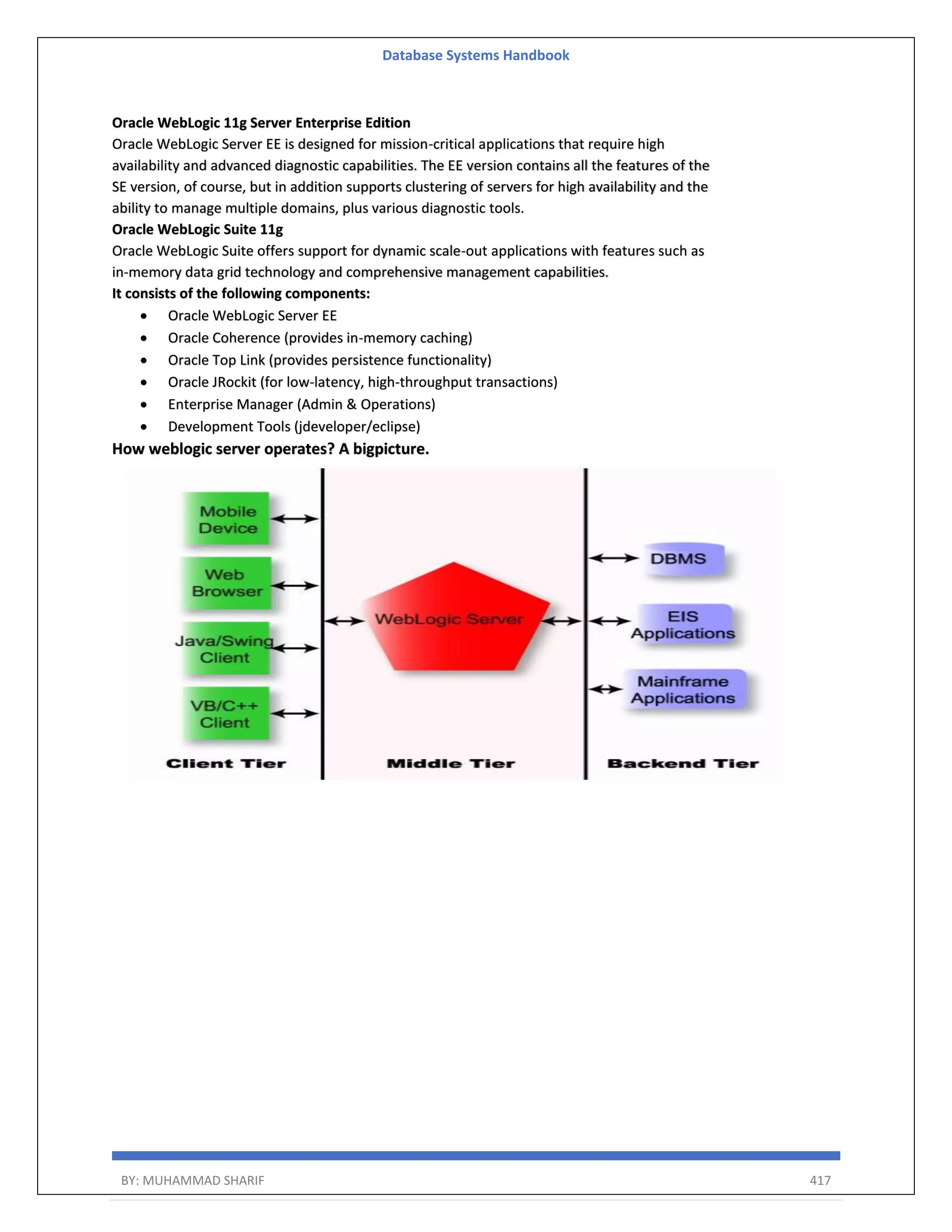 Database Systems Handbook BY: MUHAMMAD SHARIF 417 Oracle WebLogic 11g Server Enterprise Edition Oracle WebLogic Server EE is designed for mission-critical applications that require high availability and advanced diagnostic capabilities. The EE version contains all the features of the SE version, of course, but in addition supports clustering of servers for high availability and the ability to manage multiple domains, plus various diagnostic tools. Oracle WebLogic Suite 11g Oracle WebLogic Suite offers support for dynamic scale-out applications with features such as in-memory data grid technology and comprehensive management capabilities. It consists of the following components:  Oracle WebLogic Server EE  Oracle Coherence (provides in-memory caching)  Oracle Top Link (provides persistence functionality)  Oracle JRockit (for low-latency, high-throughput transactions)  Enterprise Manager (Admin & Operations)  Development Tools (jdeveloper/eclipse) How weblogic server operates? A bigpicture. 