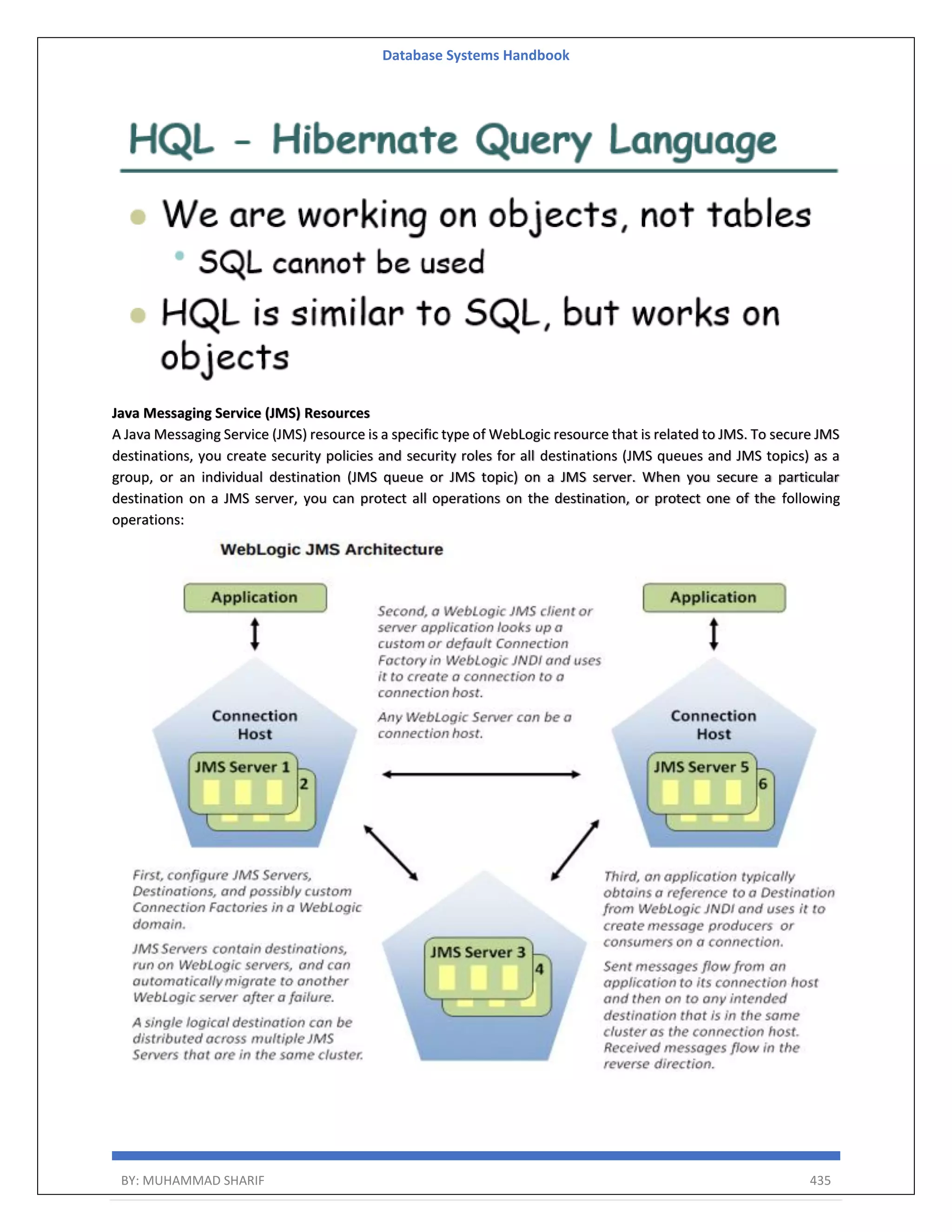 Database Systems Handbook BY: MUHAMMAD SHARIF 435 Java Messaging Service (JMS) Resources A Java Messaging Service (JMS) resource is a specific type of WebLogic resource that is related to JMS. To secure JMS destinations, you create security policies and security roles for all destinations (JMS queues and JMS topics) as a group, or an individual destination (JMS queue or JMS topic) on a JMS server. When you secure a particular destination on a JMS server, you can protect all operations on the destination, or protect one of the following operations: 
