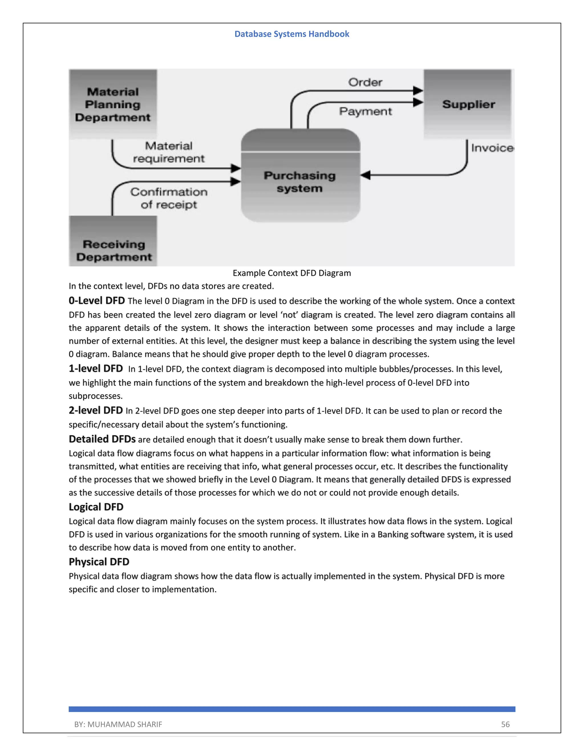 Database Systems Handbook BY: MUHAMMAD SHARIF 56 Example Context DFD Diagram In the context level, DFDs no data stores are created. 0-Level DFD The level 0 Diagram in the DFD is used to describe the working of the whole system. Once a context DFD has been created the level zero diagram or level ‘not’ diagram is created. The level zero diagram contains all the apparent details of the system. It shows the interaction between some processes and may include a large number of external entities. At this level, the designer must keep a balance in describing the system using the level 0 diagram. Balance means that he should give proper depth to the level 0 diagram processes. 1-level DFD In 1-level DFD, the context diagram is decomposed into multiple bubbles/processes. In this level, we highlight the main functions of the system and breakdown the high-level process of 0-level DFD into subprocesses. 2-level DFD In 2-level DFD goes one step deeper into parts of 1-level DFD. It can be used to plan or record the specific/necessary detail about the system’s functioning. Detailed DFDs are detailed enough that it doesn’t usually make sense to break them down further. Logical data flow diagrams focus on what happens in a particular information flow: what information is being transmitted, what entities are receiving that info, what general processes occur, etc. It describes the functionality of the processes that we showed briefly in the Level 0 Diagram. It means that generally detailed DFDS is expressed as the successive details of those processes for which we do not or could not provide enough details. Logical DFD Logical data flow diagram mainly focuses on the system process. It illustrates how data flows in the system. Logical DFD is used in various organizations for the smooth running of system. Like in a Banking software system, it is used to describe how data is moved from one entity to another. Physical DFD Physical data flow diagram shows how the data flow is actually implemented in the system. Physical DFD is more specific and closer to implementation. 