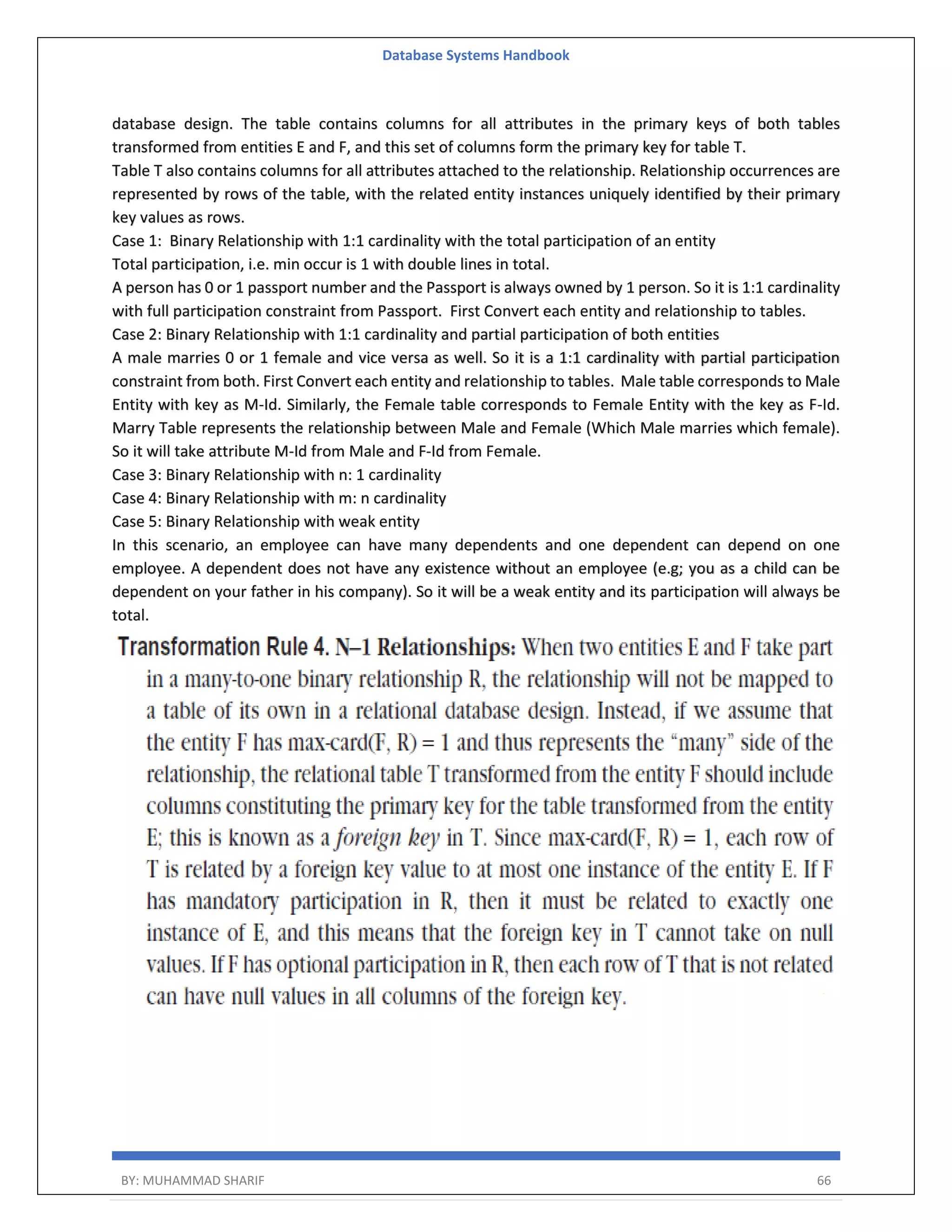 Database Systems Handbook BY: MUHAMMAD SHARIF 66 database design. The table contains columns for all attributes in the primary keys of both tables transformed from entities E and F, and this set of columns form the primary key for table T. Table T also contains columns for all attributes attached to the relationship. Relationship occurrences are represented by rows of the table, with the related entity instances uniquely identified by their primary key values as rows. Case 1: Binary Relationship with 1:1 cardinality with the total participation of an entity Total participation, i.e. min occur is 1 with double lines in total. A person has 0 or 1 passport number and the Passport is always owned by 1 person. So it is 1:1 cardinality with full participation constraint from Passport. First Convert each entity and relationship to tables. Case 2: Binary Relationship with 1:1 cardinality and partial participation of both entities A male marries 0 or 1 female and vice versa as well. So it is a 1:1 cardinality with partial participation constraint from both. First Convert each entity and relationship to tables. Male table corresponds to Male Entity with key as M-Id. Similarly, the Female table corresponds to Female Entity with the key as F-Id. Marry Table represents the relationship between Male and Female (Which Male marries which female). So it will take attribute M-Id from Male and F-Id from Female. Case 3: Binary Relationship with n: 1 cardinality Case 4: Binary Relationship with m: n cardinality Case 5: Binary Relationship with weak entity In this scenario, an employee can have many dependents and one dependent can depend on one employee. A dependent does not have any existence without an employee (e.g; you as a child can be dependent on your father in his company). So it will be a weak entity and its participation will always be total. 