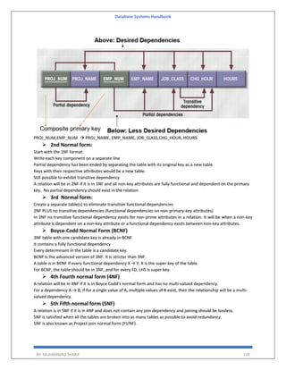 Database Systems Handbook
BY: MUHAMMAD SHARIF 133
PROJ_NUM,EMP_NUM  PROJ_NAME, EMP_NAME, JOB_CLASS,CHG_HOUR, HOURS
 2nd Normal form:
Start with the 1NF format:
Write each key component on a separate line
Partial dependency has been ended by separating the table with its original key as a new table.
Keys with their respective attributes would be a new table.
Still possible to exhibit transitive dependency
A relation will be in 2NF if it is in 1NF and all non-key attributes are fully functional and dependent on the primary
key. No partial dependency should exist in the relation
 3rd Normal form:
Create a separate table(s) to eliminate transitive functional dependencies
2NF PLUS no transitive dependencies (functional dependencies on non-primary-key attributes)
In 3NF no transitive functional dependency exists for non-prime attributes in a relation. It will be when a non-key
attribute is dependent on a non-key attribute or a functional dependency exists between non-key attributes.
 Boyce-Codd Normal Form (BCNF)
3NF table with one candidate key is already in BCNF
It contains a fully functional dependency
Every determinant in the table is a candidate key.
BCNF is the advanced version of 3NF. It is stricter than 3NF.
A table is in BCNF if every functional dependency X → Y, X is the super key of the table.
For BCNF, the table should be in 3NF, and for every FD, LHS is super key.
 4th Fourth normal form (4NF)
A relation will be in 4NF if it is in Boyce Codd's normal form and has no multi-valued dependency.
For a dependency A → B, if for a single value of A, multiple values of B exist, then the relationship will be a multi-
valued dependency.
 5th Fifth normal form (5NF)
A relation is in 5NF if it is in 4NF and does not contain any join dependency and joining should be lossless.
5NF is satisfied when all the tables are broken into as many tables as possible to avoid redundancy.
5NF is also known as Project-join normal form (PJ/NF).
 